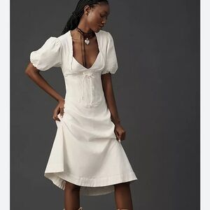 White Puff Sleeve Midi Dress with Tie Front